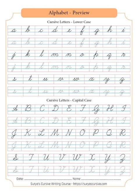 Cursive Alphabet Worksheet on SuryasCursive.com | Cursive writing worksheets, Cursive writing ...