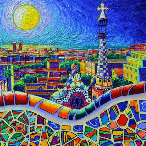 BARCELONA MOON LIGHT - VIEW FROM PARK GUELL OF GAUDI palette knife oil ...