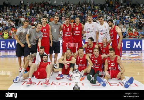 Belgrade, Serbia. 16th Aug, 2015. Serbia's national basketball team players pose for the photo ...