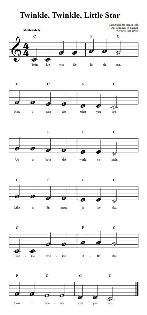 Twinkle, Twinkle, Little Star: Beginner Sheet Music with Chords and Lyrics | Piano sheet music ...