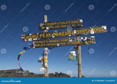 Sign at the Peak of Mount Kilimanjaro in Tanzania, Africa Stock Photo ...