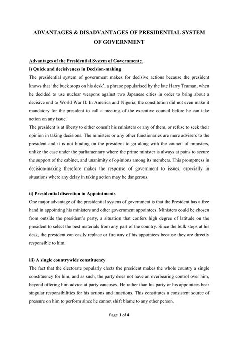 Advantages & Disadvantages of Presidential System Of - DocsLib