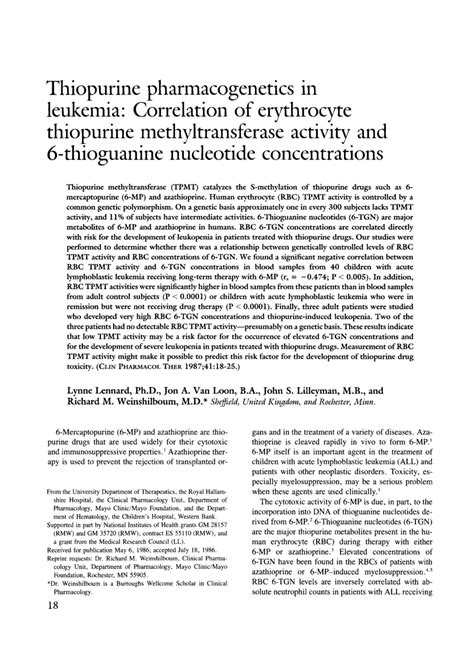 (PDF) Thiopurine pharmacogenetics in leukemia: Correlation of erythrocyte thiopurine ...