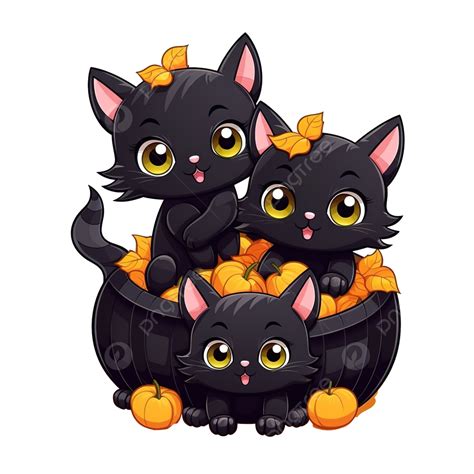 Cartoon Cute Halloween Day, Black Cats Family Trick Or Treat In Big Pumpkin, Cat Drawing, Cat ...