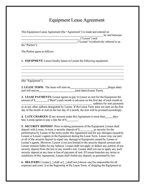 Sample Equipment Rental Agreement Template