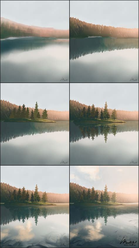 How to paint landscape with island on a lake. Digital Painting of sunny scenery with forest and ...
