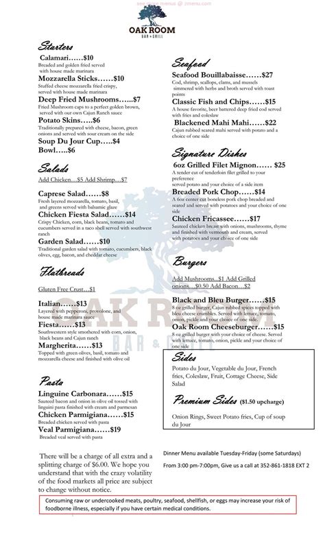 Menu at Oak Room Bar & Grill, Ocala