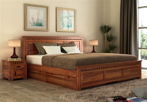 Buy Adolph Bed With Side Storage (King Size, Honey Finish) Online in India - Wooden Street