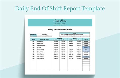 Daily End of Shift Report Template in Excel, Google Sheets - Download ...