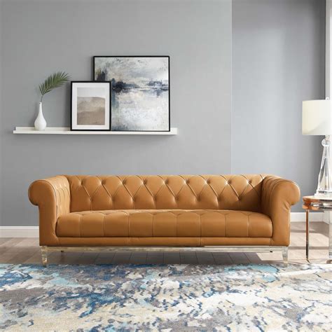 Idyll Tufted Button Upholstered Leather Chesterfield Sofa in Tan - Hyme Furniture