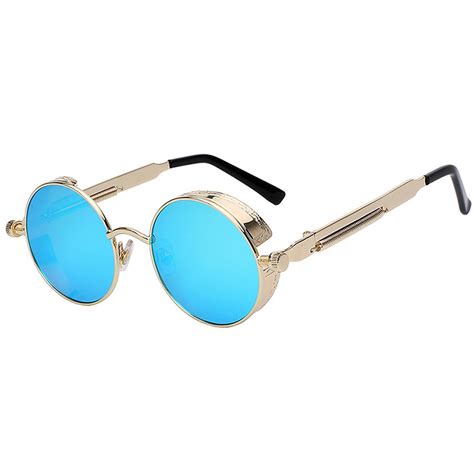 060 C2 Steampunk Gothic Sunglasses Metal Round Circle Gold Frame Blue ...