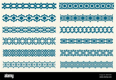 Islamic ornaments link seamless vector decorative borders. Set of border pattern in islamic ...