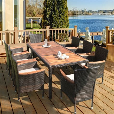 9PCS Patio Rattan Dining Set 8 Chairs Cushioned Acacia Table Top - Walmart.com - Walmart.com