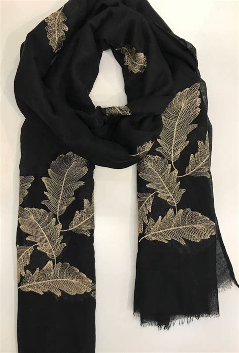 Hand Embroidered Scarf BLACK colour/Leaves print/Autumn Scarf | Etsy