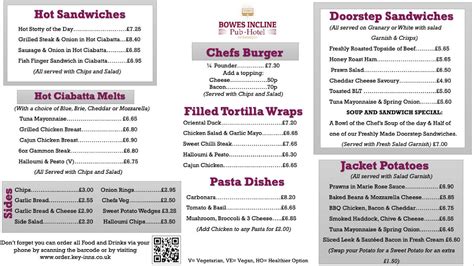 Menu at The Bowes Incline pub & bar, Gateshead