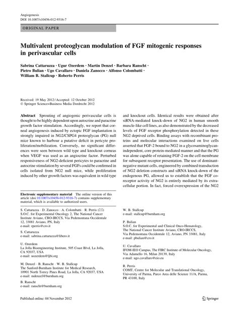 (PDF) Multivalent proteoglycan modulation of FGF mitogenic responses in perivascular cells