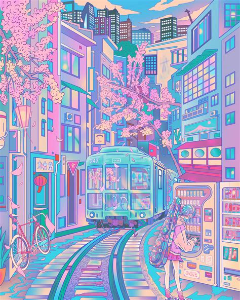 Download Train Going Into A Pastel Japanese Aesthetic City Wallpaper | Wallpapers.com