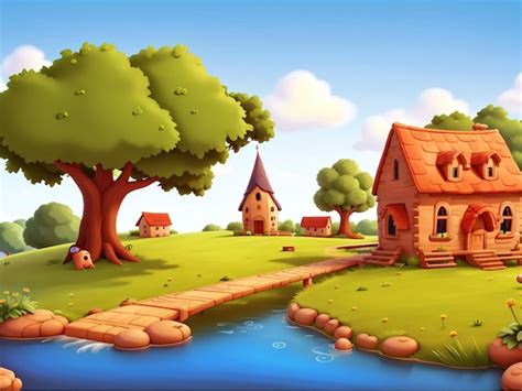 Premium Photo | 3D Animation Style Free vector village scene with landscape natural background