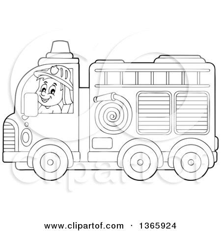 Clipart of a Cartoon Black and White White Male Fireman Driving a Fire Truck - Royalty Free ...