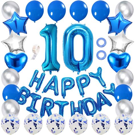 Buy Ceqiny 10th Birthday Decoration Happy Birthday Banner Balloon Set Blue Number 10 Balloons ...