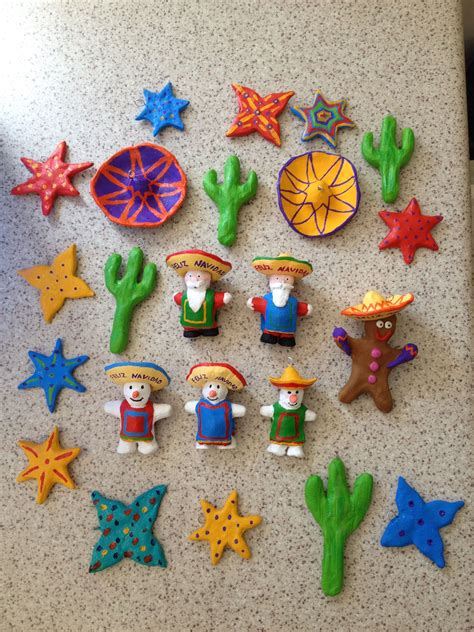 Mexican themed Christmas tree ornaments. Made from clay, and twisted paper clips used ...