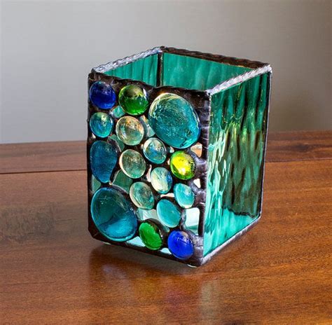 Blue and Green Beachy Stained Glass Votive Candle Holder "Bubbles" by Kolor Waves Glass ...