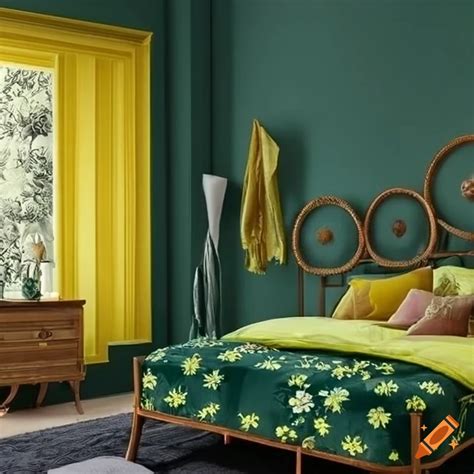 Dark green velvet platform bed in a stylish bedroom on Craiyon