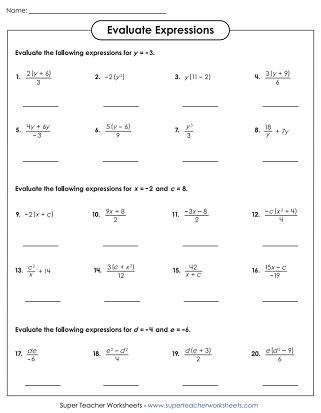 Math Worksheet For Algebraic Expressions