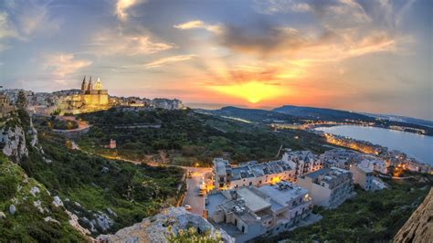 Beautiful Island of Malta at sunset, red sky, coast, houses, lights wallpaper | other ...