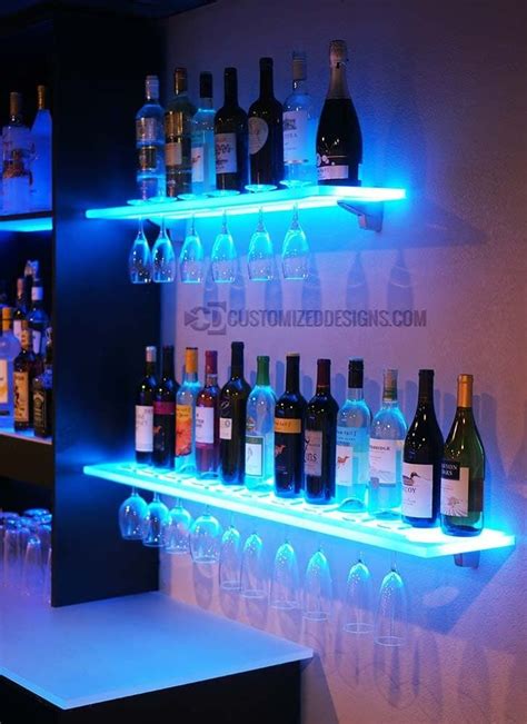 Floating Shelves w/ Wine Glass Rack, LED Lighting & Brackets | Home bar ...