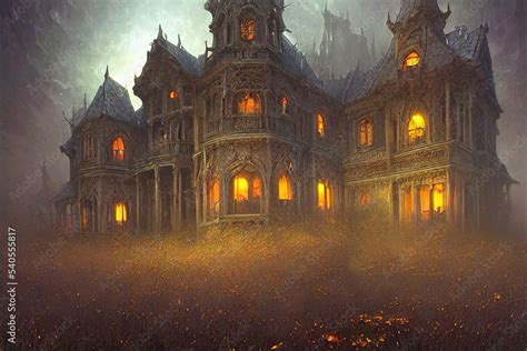 Haunted old mansion on Halloween night. Digital illustration Stock Illustration | Adobe Stock