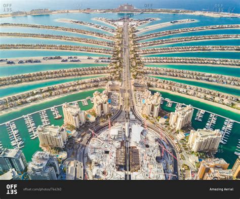 Aerial view of the Palm Jumeirah island in Dubai, U.A.E. stock photo - OFFSET