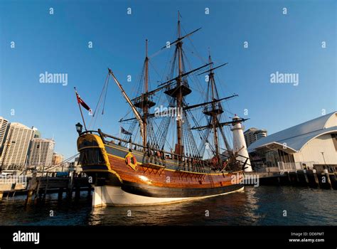 'The Endeavour', a replica of Captain Cook's ship, moored outside the Australian National ...