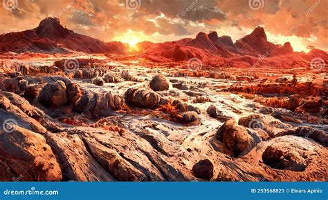 Sunset on Mars Martian Landscape D Illustration Stock Illustration ...