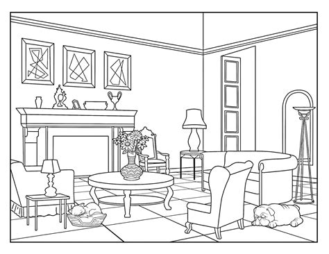 Living Room around the House , Coloring Pages for Adults, 1 Printable Coloring Page, Instant ...