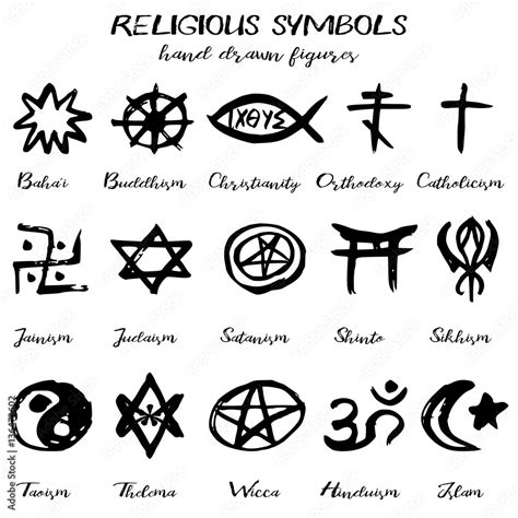 Hand drawn religious symbols, written grunge signs with their names on white background. Vector ...