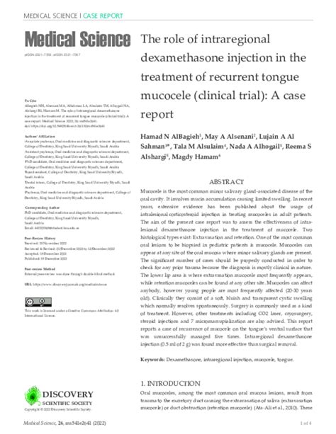 (PDF) The role of intraregional dexamethasone injection in the treatment of recurrent tongue ...