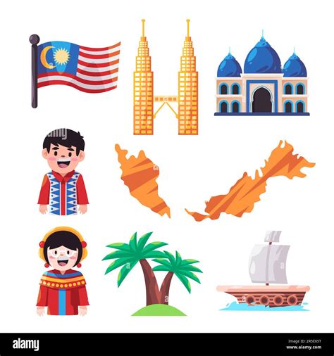 Malaysia icon set graphic man woman traditional clothes twin tower ...