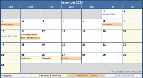 December 2023 Canada Calendar with Holidays for printing (image format)