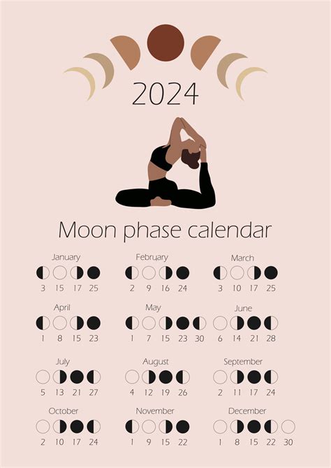 Moon phases calendar 2024 with a girl doing yoga. Waning gibbous ...