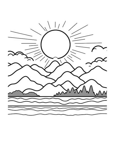 Premium AI Image | a drawing of a sun over a mountain range with a lake ...