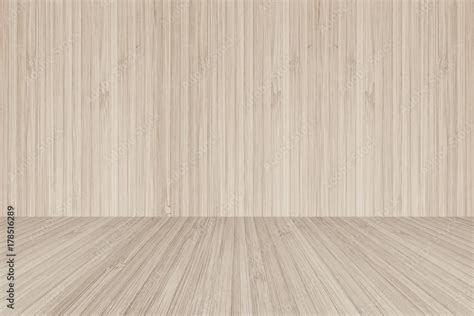 Wood floor perspective view on wooden texture wall in light sepia brown ...