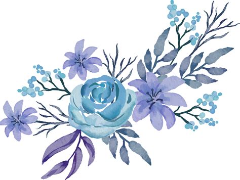 hermoso arreglo de flores moradas y azules y hojas ilustración acuarela ...