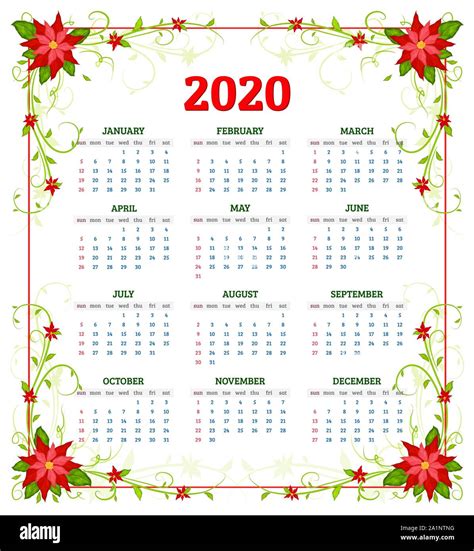 Vector calendar 2020 year with flowers of poinsettia. Week starts from sunday Stock Vector Image ...