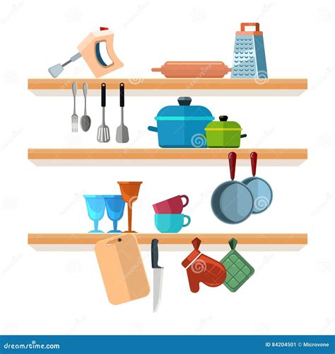 Kitchen Shelves with Cooking Tools and Hanging Pots Vector Illustration Stock Vector ...