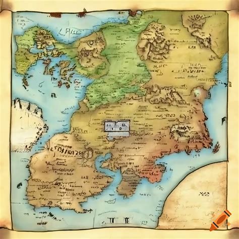 Artistic map of a fantasy continent on Craiyon