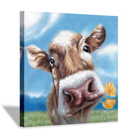 LIVEDITOR Farm Animal Cute Cow Biting Flowers Painting on Canvas Wall ...