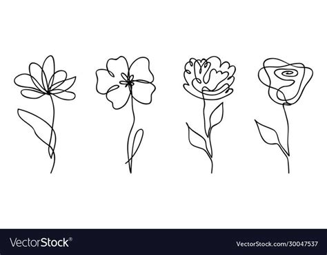 four flowers line drawing on white background
