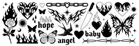 Tattoo Art 1990s, 2000s. Y2k Stickers. Butterfly, Barbed Wire, Fire, Flame, Chain, Heart. Stock ...