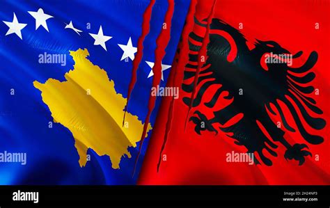 Kosovo and Albania flags with scar concept. Waving flag,3D rendering ...